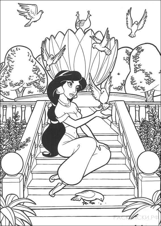 Раскраска "Принцесса Жасмин в саду с птицами"